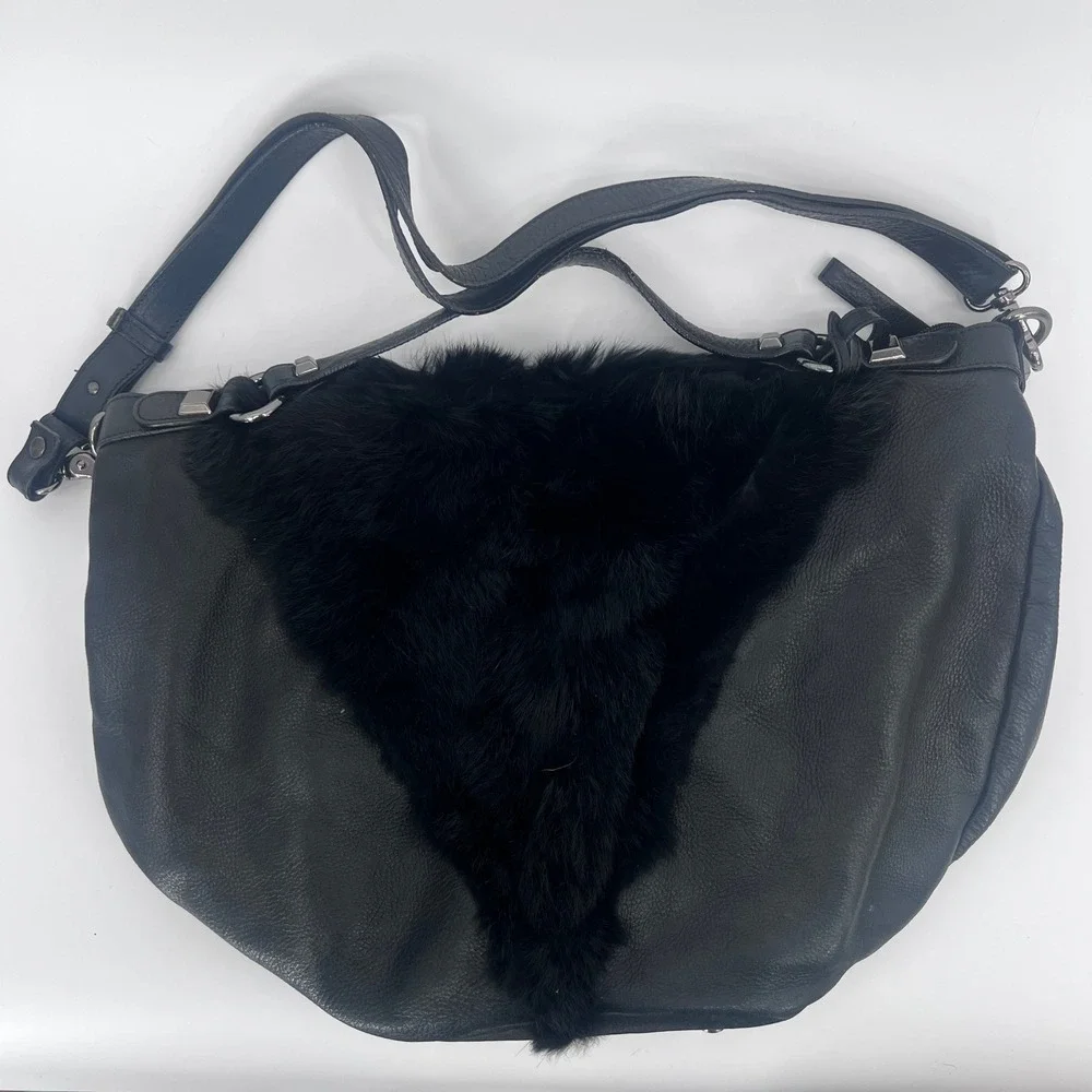 Abro‎ Black Leather & Faux Fur Studded Slouchy Shoulder Bag Dark Edgy Mob Wife